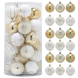RN’D Christmas Decorative Ball Ornaments – White and Gold Christmas Ball Hanging Tree Ornament Set Assorted Designs - 30 Piece Set