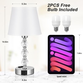 Acaxin Acaxin 14.6' Bedside Lamps for bedrooms Set of 2 - Mini Crystal Table Lamps with USB A+C Charging Ports and AC Outlet, 3 Way Dimmable Touch Control Silver Bed Side Nightstand Lamp