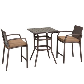 Outsunny 3 PCS Rattan Wicker Bar Set with Wood Grain Top Table and 2 Bar Stools for Outdoor, Patio, Poolside, Garden, Grey