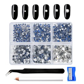 Blinginbox Hotfix-Strasssteine für Kleidung, Schuhe, Taschen, Handy, Geldbörse, Basteln, Nagelkunst, flache Rückseite, rund, Glaskristall, gemischt, 6 Größen, Set mit Pinzette, Wachsstift und Spitzer,