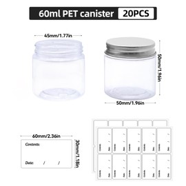 NVGFTG Pack of 20 Cream Jars for Filling, 60 ml Ointment Jars, Transparent Jars with Lid and Label, Cream Jar, Empty Jar, Transparent Jar for Cream, Ideal for Makeup, Ointments, Lotions (Silver)