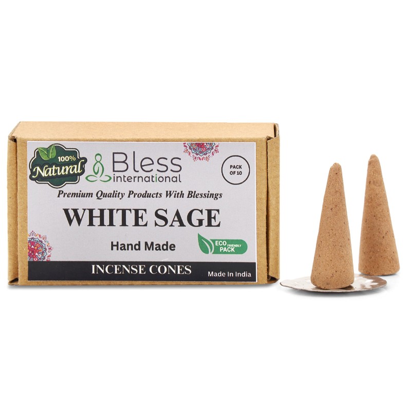 Bless-International White Sage 100%-Natural-Incense-Cones Handmade-Hand-Dipped Organic-Chemicals-Free for-Purification-Relaxation-Positivity-Yoga-Meditation The-Best-scents (10 Count)