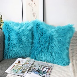 OYIMUA Teal 16 x 16 Cushion Covers Pack of 2 Fluffy Soft Faux Fur Square Pillowcases, Luxury Home Decorative Fuzzy Pillow Covers Case 40cm x 40cm for Sofa Bed Living Room