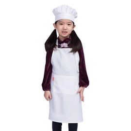 ALIPOBO Kids Apron and Chef Hat Set, Children's Adjustable Bib Apron with 2 Pockets. Cute Boys Girls Kitchen Apron for Cooking, Baking, Painting, Training Wear (2-5 Year, White)