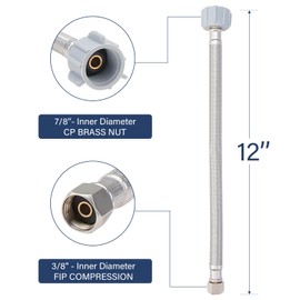12 Inch Flexible Toilet Connector, 7/8" Ballcock x 3/8" Compression Stainless Steel Braided Toilet Hose Supply Line for Toilet Hose Replacement