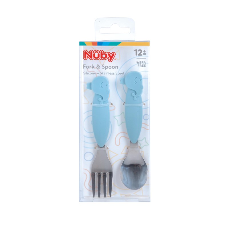 Nuby Animal Friends Silicone and Stainless Steel Fork and Spoon
