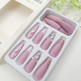 French Tip Press on Nails Long Coffin Fake Nails Flowers Glue on Nails Light Purple Full Cover Acrylic Nails Matte False Nails with Rhinestones Designs Glitter & Cute Stick on Nails for Women 24Pcs