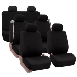 FH Group Three Row Full Set - 7 Seater All Purpose Flat Cloth Built-in Seat Belt Car Seat Cover- Universal Fit for Cars Trucks and SUVs Solid Black