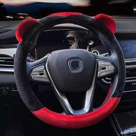 HUILI Universal fit 15'' Car Steering Wheel Cover Soft Comfortable Fuzzy Red Cute Ears