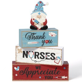 Blosssound 4 Pcs Nurse Appreciation Week Decorations Table Centerpieces Thank You Nurse Wooden Signs Blue Gnome Block Gifts for Medical Rn Students Graduation Party Supplies Tiered Tray Mantel Shelf