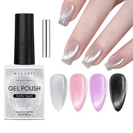 Makartt Holographic Cat Eye Gel Nail Polish,Universal Silver Glitter Nail Polish Shiny Glitter Nail Gel with Magnet Stick Shiny Galaxy Gel Polish Soak Off UV/LED Nail Art Salon Manicure DIY Home