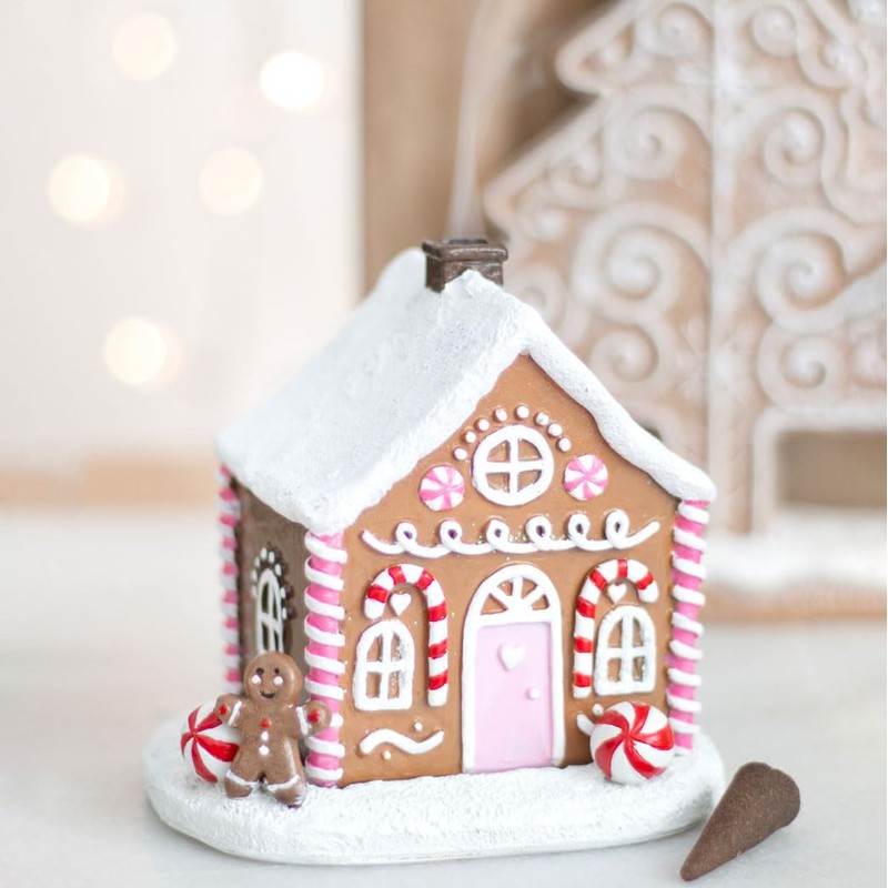 Pink Gingerbread House Incense Cone Burner - Festive Holiday Decor,