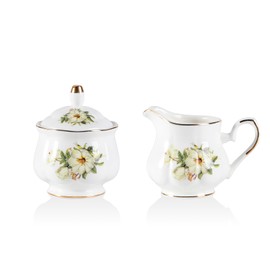 Sweejar Home Royal Ceramic Sugar and Creamer Set, 3 Piece Set with Cream Pitcher, Sugar Bowl, Sugar Set with Lid & Spoon, Coffee Serving Set Wedding Gift (Camellia)