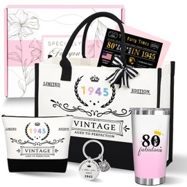 Unipinkart 80th 1945 Birthday Gifts for Women, 80 Year Old Birthday Fabulous Gifts for Women, Cool 80th Gift Canvas Tote Bag Set for Woman, Turning 80th Cup Gift Basket for Her Mom Sister Wife