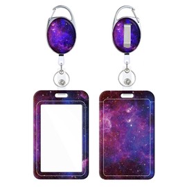 Badge Holder, Retractable Badge Reel with Carabiner Belt Clip and Key Ring, Name Tag Work Badge Clip Vertical ID Card Holder Cover Case for Name Card, Key Card (Purple Nebula)