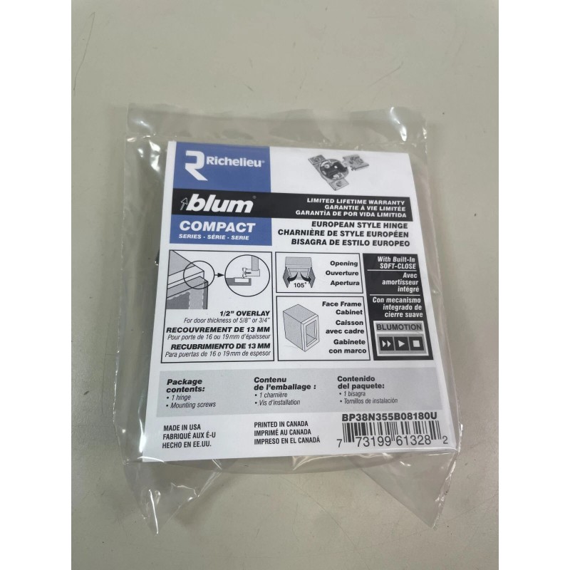 Richelieu BLUM 1/2" Overlay Soft-Close Cabinet Hinge BP38N355B08180