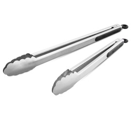 304 Stainless Steel Kitchen Cooking Tongs, 14" and 16" Set of 2 Sturdy Grilling Barbeque Brushed Locking Food Tongs with Ergonomic Grip, Black