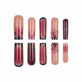 BABALAL Press on Nails Long Square Fake nails Brown Red Tortoise Fall Glue ons French Tip 3D Flower Handmade Supplies 24Pcs Ombre Full Cover Mancire False Nails for Women Girls