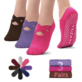 NEWZILL Yoga Socks for Women Non-Slip Grips & Straps, Ideal for Pilates, Pure Barre, Ballet, Dance, Barefoot Workout (3 Pairs-Brown/Purple/Pink)
