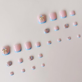 24Pcs Blue French Tip Press on Toenails Short Square Fake Toenails Glue-Free False Toenails with Glitter Butterfly, Rhinestone Design Reusable Nails Summer Toenails Press ons Beach Toenails for Women