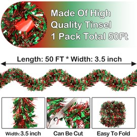 50 Feet Christmas Tinsel Garland Metallic Tinsel Garland Christmas Tree Hanging Garland Decorations for Christmas Party Supplies Indoor and Outdoor Decoration (Red and Green)