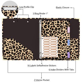 3 Ring Binder 1 Inch Round Ring Binder with 6 Tab Dividers，2 Interior Pockets，Cute Binder Clipboard with Storage, for School Office, Portfolio(Cheetah Spots)