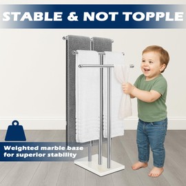 VERSSURE Marble Base Freestanding Towel Rack, 3-Tier Standing Towel Holder for Bathroom Organizer, Stable Tower Rack in Matte White Finish