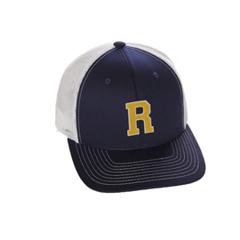 Structured Trucker Mesh Hat Custom Colors Letter R Initial Baseball Mid Profile (Navy White White Gold)