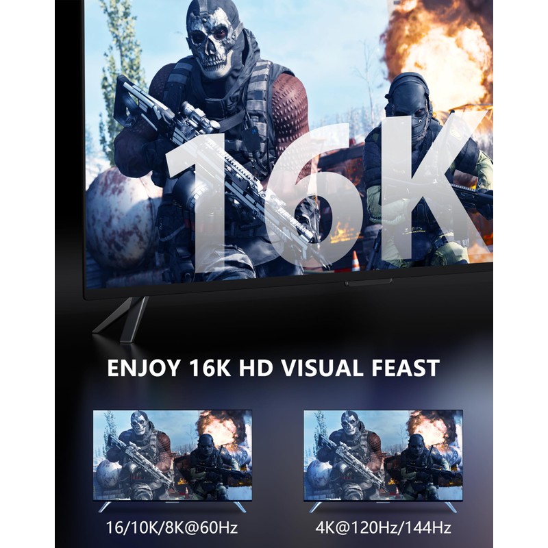 CONMDEX 16K HDMI 2.2 Cable 6.6ft, 96Gbps Headroom, 8K@120Hz 144Hz