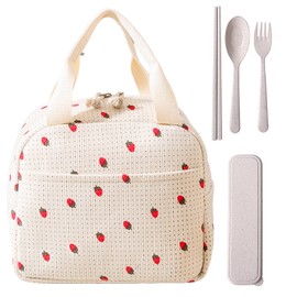 1PCS Strawberry Lunch Bag, Includes 1 Set of Utensils, Insulated Lunch Bags for Women Kids Girls Teens, Leakproof Lunch Bag for School Work Travel, Lightweight Easy to Carry