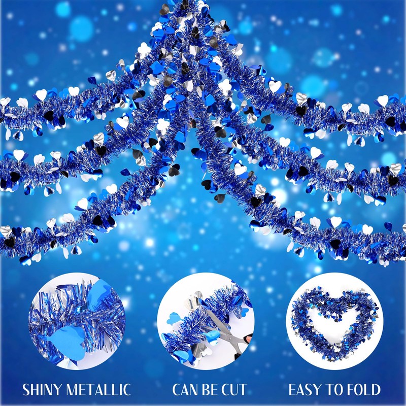 Riceshoot 33 ft Valentines Heart Tinsel Garland Glitter Blue Silver