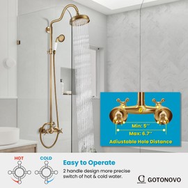 gotonovo Luxury Exposed Shower Faucet Set Bathroom Shower System 8 Inch Wall Mount Rainfall Shower Head with Handheld Spray Cross Double Handle Shower Fixture Adjustable Arc Rod Antique Brass