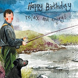 Alex Clark Gone Fishing Man & Dog Birthday Card