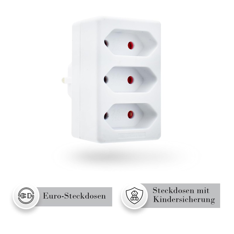 feletec 3-Way Socket Adaptor 3x Euro, White, Pack of 3,