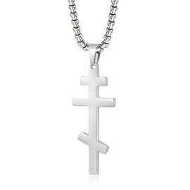 PenPot Stainless Steel Cross Necklace, Orthodox, Titanium Steel Pendant, Glossy, for Men and Women, Retro Style, Baptist Gifts (SILVER)
