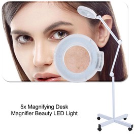 Magnifying Floor Lamp, 5X Glass Lens LED Magnifier Light Rolling Floor Standing Salon Beauty Skincare Tattoo Manicure Equipement with Adjustable - White