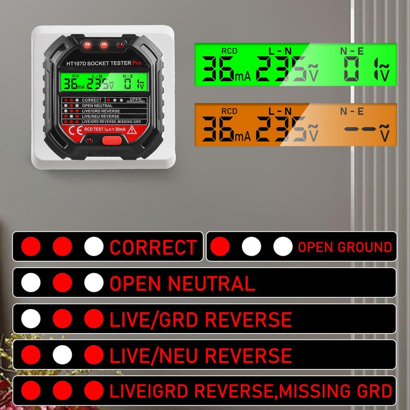 Socket Tester, 6 Modes Digital Socket Tester with RCD Test