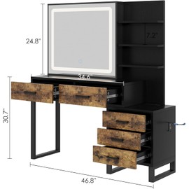 IDEALHOUSE Makeup Vanity Mirror with Lights, Vanity Table and Chair Set with 5 Drawers and Charging Station, Dresser LED Sliding Mirror with 3 Color Modes Adjustable for Bedroom, Retro Black