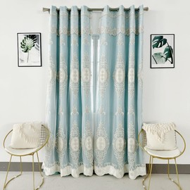 Amidoudou 1 Pair European Double Layer Curtains with Valances for Living Room Bedroom Luxury 3D Flower Embroidered Curtains (Blue,52x96 Inch)