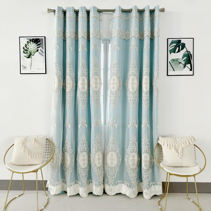 Amidoudou 1 Pair European Double Layer Curtains with Valances for