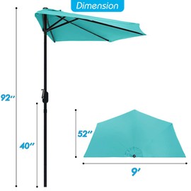 STANDERECT 9FT Half Patio Umbrella, Outdoor Wall Umbrella with Easy Hand Crank, 5 Sturdy Ribs, UV Protection for Pool Garden Balcony Deck (Turquoise, 9FT)