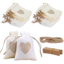 HMIEPRS Pack of 40 Jute Bags Small with 40 Gift Tags and Drawstring, Small Bags Linen Jewellery Bags for Jewellery Wedding Gifts Party Christmas Birthday (Beige Pure White, 14 x 10 cm)