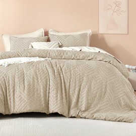 Litanika Khaki King Size Comforter Set, 3 Pieces Tufted Boho Farmhouse Bedding Comforter Sets, Lightweight Fluffy Comforter Bed Set for All Season (104x90In Comforter and 2 Pillowcases)