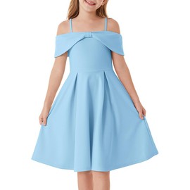 GRACE KARIN Girls Summer Dress Off Shoulder A-Line Bowknot Casual Elegant Dresses Blue 10Y