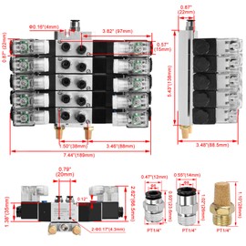 Heschen Electrical Pneumatic 5 Solenoid Valve, 4V230C-08, 24VDC, PT1/4, 5 Way 3 Position, Manifold Base, Muffler, Quick Fittings Set, CE