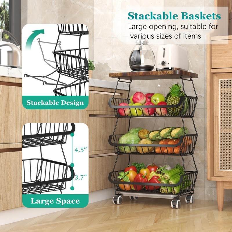 CHLORYARD Fruit Basket with Wooden Lid for Kitchen, 4-Tier Stackable