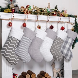 LUBOT Christmas Stocking Family Decorations Geometric Pattern Xmas Gift Ornaments Embroidery Custom Name linen Christmas Stockings for Kids Holiday Christmas Party Decor 6 Pack