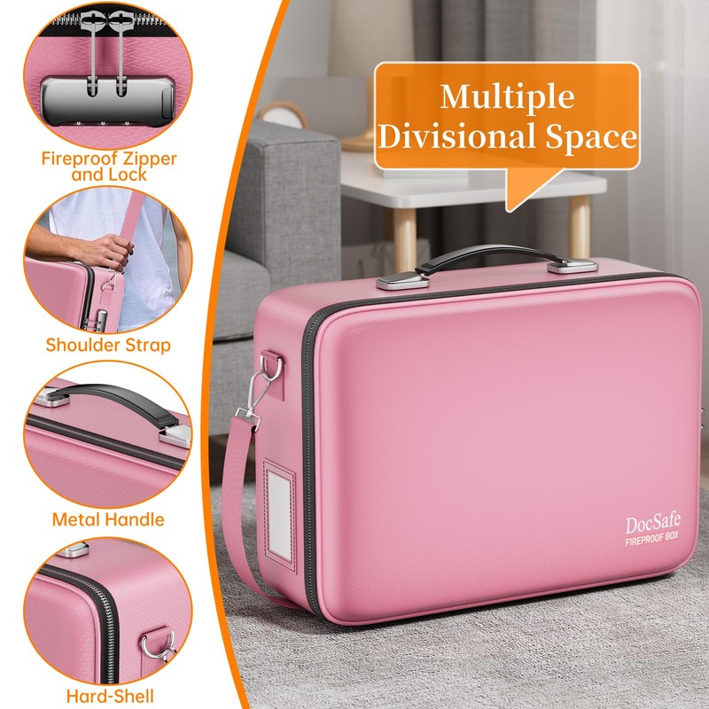 DocSafe Fireproof Document Box with Lock＆Shoulder Strap,Hard Case File Organizer