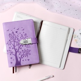 HwxBen Heart Shaped Tree Diary with Lock - 244 Pages, A5 (5.8 x 8.4 inches), Lavender Journal for Girls and Women Aged 8 to 12 Years as well as Teenagers, Notebook with Pen and Bookmark.
