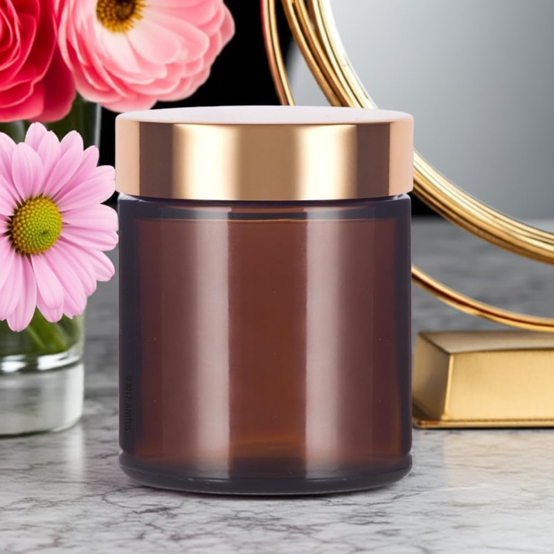 (12 Pack) 9 oz Amber Glass Jar with Gold Overshell